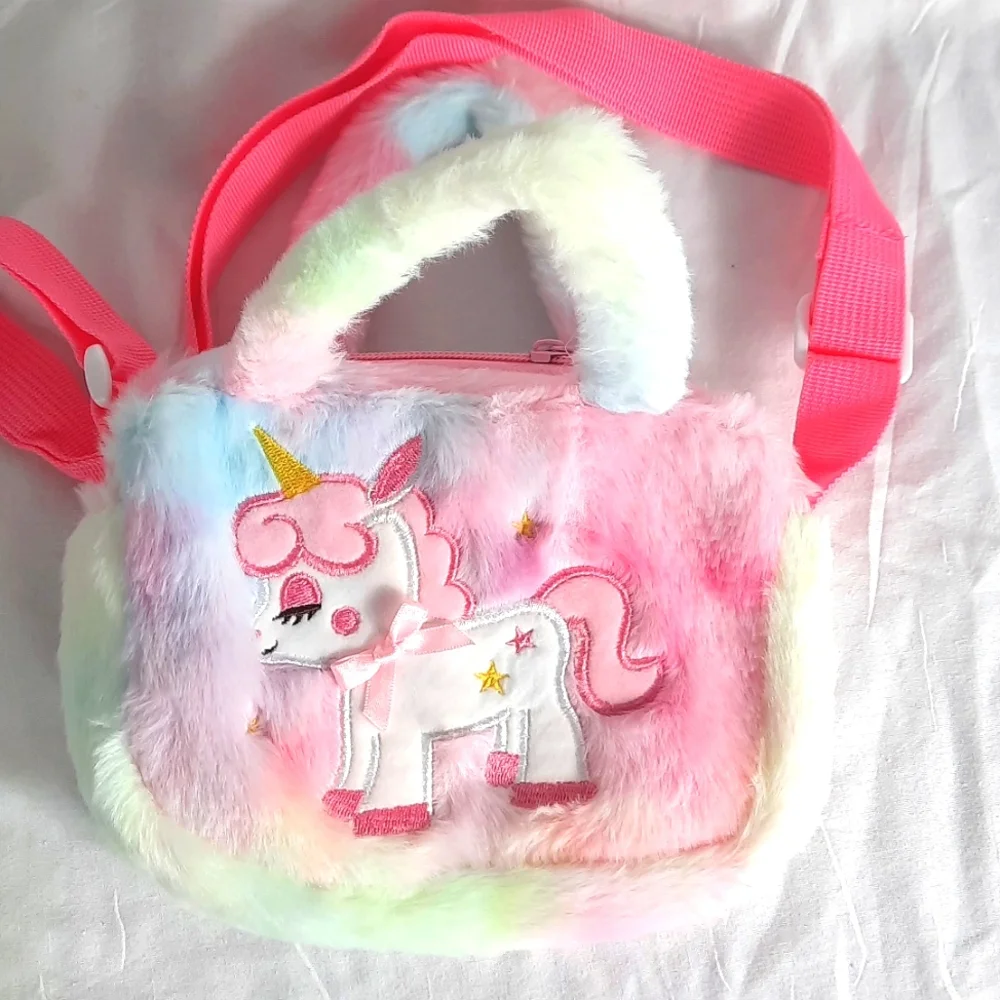 Pink Handbag with Plush Texture and Cartoon Design